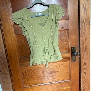 Stylish Green Button-Down Blouse with Ruffle Sleeves